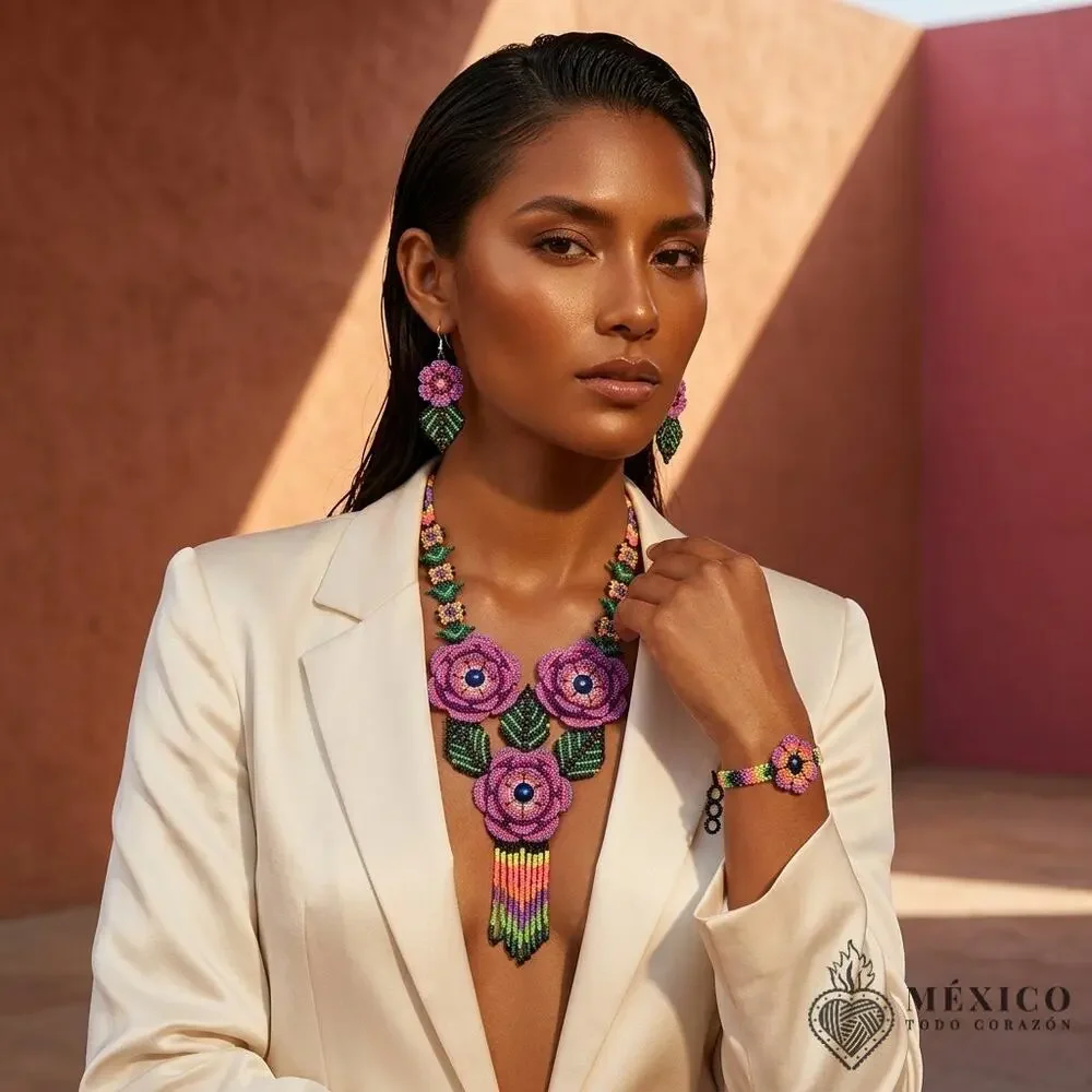 Huichol Mexican art 3 piece necklace earings and bracelet orange